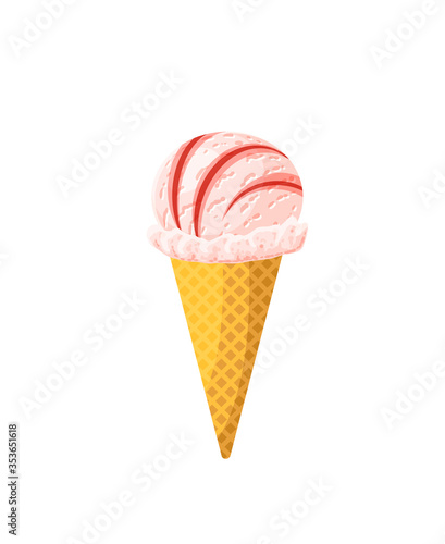 Strawberry ice cream cone. Design template for AD, promo, menu, flyer. Vector illustration cartoon icon isolated on white background.