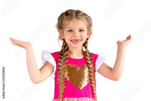 A little girl with pigtails reaches out and shows you the place for your product on an isolated white 