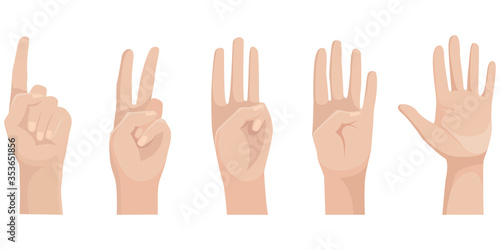 Set of human hands with raised up fingers. Wrists in cartoon style.
