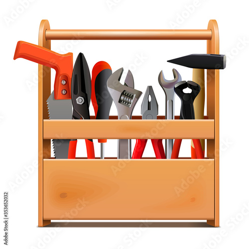 Vector Narrow Wooden Toolbox with Tools