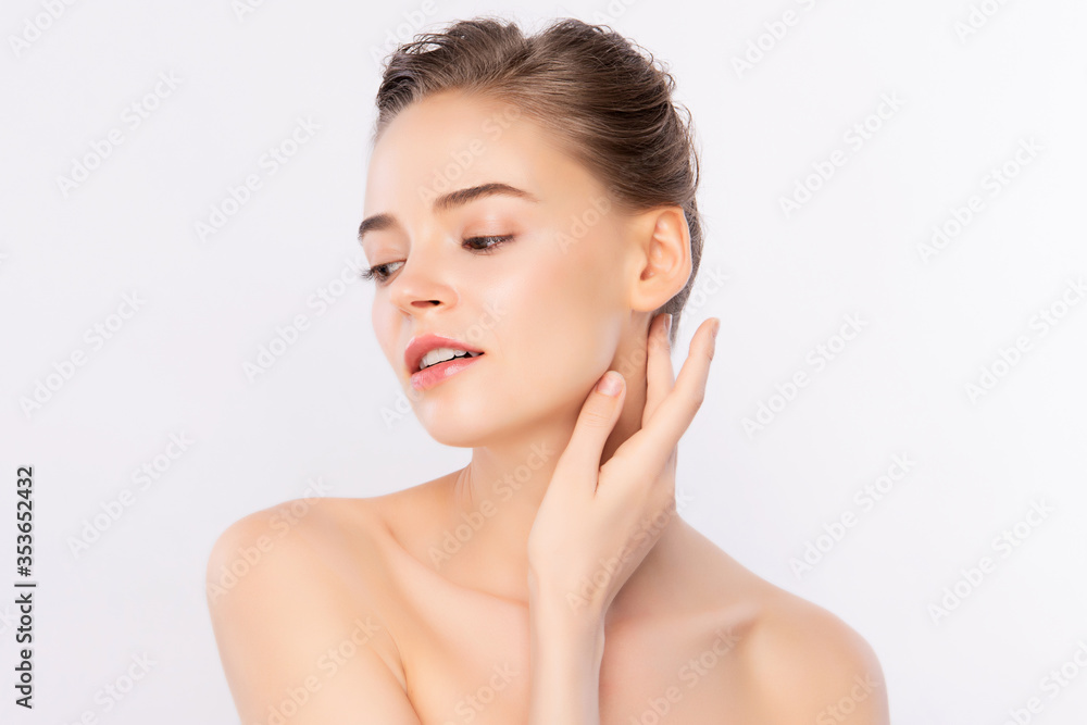 Beautiful Young Woman touching her clean face with fresh Healthy Skin, isolated on white background, Beauty Cosmetics and Facial treatment Concept. Beautiful Young Woman touching her clean face with fresh Healthy Skin, isolated on white background, Beauty Cosmetics and Facial treatment Concept.
