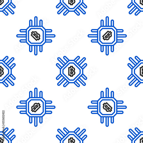 Line CPU mining farm icon isolated seamless pattern on white background. Bitcoin sign inside processor. Cryptocurrency mining community. Digital money. Colorful outline concept. Vector.