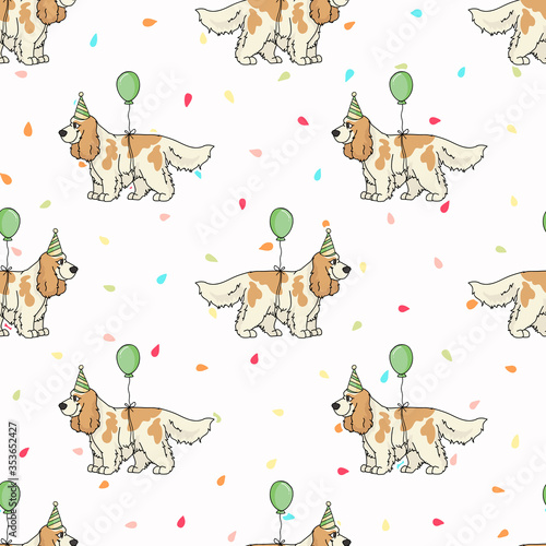 Hand drawn cute cocker spaniel dog with party hat breed seamless vector pattern. Purebred pedigree celebration background. Dog lover English hunting pet all over print. Kennel pooch. EPS 10.  photo