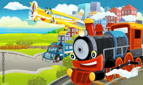 Fototapeta Naklejka Na Ścianę i Meble -  Cartoon funny looking steam train locomotive near the city with cars and plane flying by - illustration