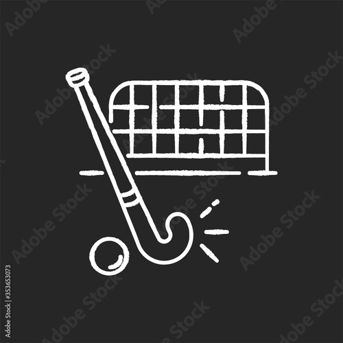 Field hockey chalk white icon on black background. Indian national game. Active pastime. Team sport. Sports equipment and goals. Hockey stick and ball. Popular activity. Isolated vector chalkboard