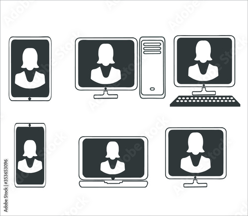 Set of vector icons of laptop, smartphone, phone, tablet, monitor, candy bar, server, women icons with screens icons