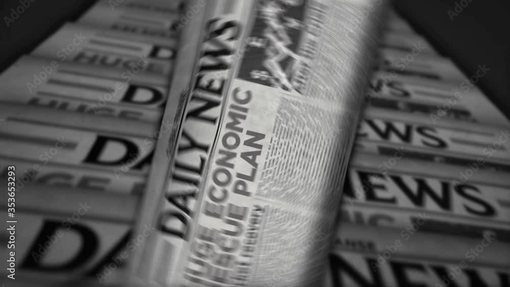 Economic rescue plan after virus pandemic, crisis and market recovery news daily newspaper printing. Retro style 3d rendering black and white animation. Vintage paper media press abstract concept.