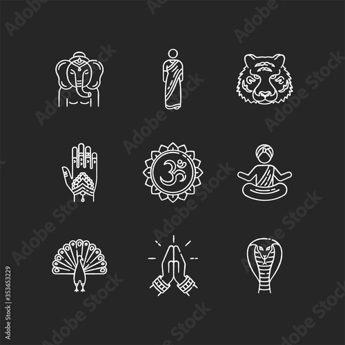 Indian spiritual symbols chalk white icons set on black background. Om sound representation. Yoga practitioner. Namaste gesture. Ganesha. Henna body art. Traditional sari.Isolated vector chalkboard