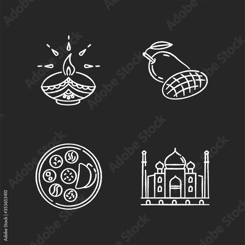 Indian culture chalk white icons set on black background. Traditional diya. Diwali festival. Mango fruit. Thali dish. Chapati bread. Taj Mahal. Marble mausoleum. Isolated vector chalkboard