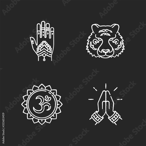 Indian culture chalk white icons set on black background. Mehndi. Henna drawings. Bengal tiger. Om visual representation. Sound of universe. Namaste gesture. Isolated vector chalkboard