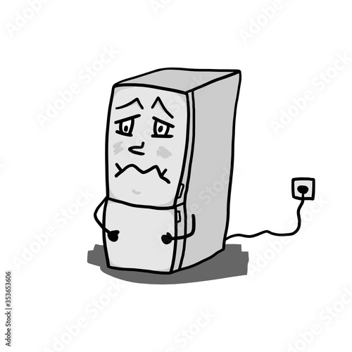 Funny angry fridge mascot. Cartoon design of an icebox character with sad face. Isolated vector drawing. Hand drawn doodle of refrigerator, comic illustration on white background.