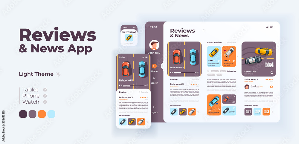 Auto reviews and news app screen vector adaptive design template. Application day mode interface with flat illustrations. Car services, racing games ratings smartphone, tablet, smart watch cartoon UI - obrazy, fototapety, plakaty 