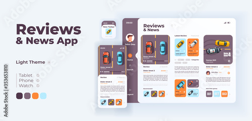 Auto reviews and news app screen vector adaptive design template. Application day mode interface with flat illustrations. Car services, racing games ratings smartphone, tablet, smart watch cartoon UI