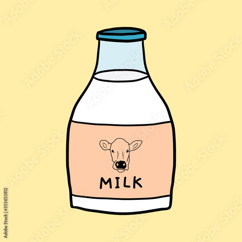 Glass cow milk bottle with a cow's head on label. Hand drawn cartoon illustration. Isolated vector drawing.
