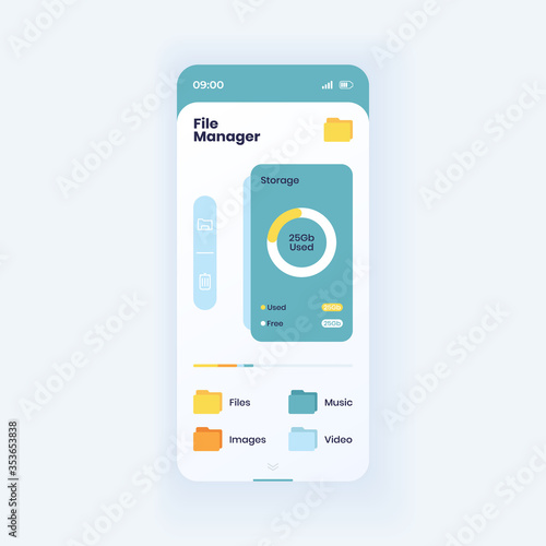 Memory storage info smartphone interface vector template. File manager app page light design layout. Device space capacity screen. Flat UI for application. Memory usage statistics on phone display