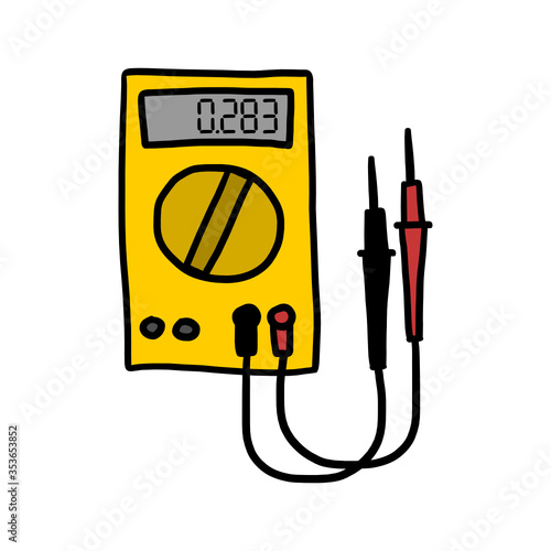 Hand drawn illustration of a digital multimeter, electronic device used for measuring electric current, voltage and resistance. Isolated drawing on white background.