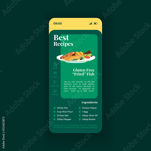 Fish dish best recipe smartphone interface vector template. Mobile app page green design layout. Gluten free fried seafood screen. Flat UI for application. Meal preparation. Phone display