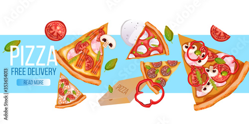 Pizza free delivery banner with slices, box, tomatoes, mozzarella, pepper. Fast food vector illustration in realistic style on white and blue background. Online menu poster for advertisements, flyers