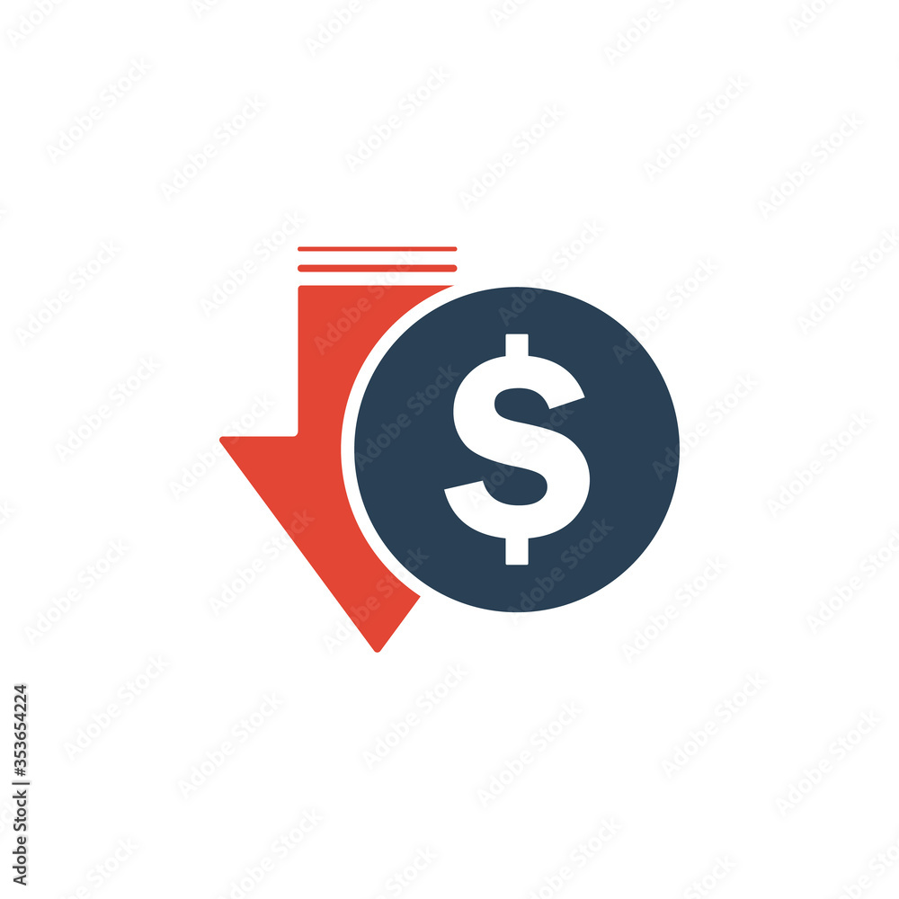 Dollar decrease icon. Money symbol with arrow fall down. Cost reduction icon. Vector illustration. Dollar decrease icon. Money symbol with arrow fall down. Cost reduction icon. Vector illustration.