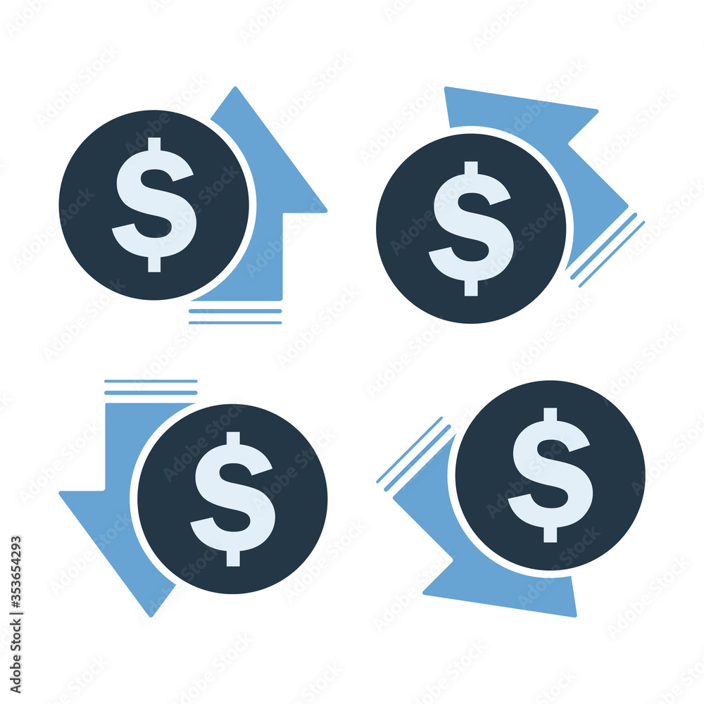 Dollar increase decrease icon. Money symbol with arrow stretching rising up and drop fall down. Business cost sale and reduction icon. Vector illustration. Dollar increase decrease icon. Money symbol with arrow stretching rising up and drop fall down. Business cost sale and reduction icon. Vector illustration.