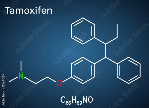 Tamoxifen, C26H29NO molecule. It is antineoplastic nonsteroidal antiestrogen, used in the treatment and prevention of breast cancer. Structural chemical formula on the dark blue background