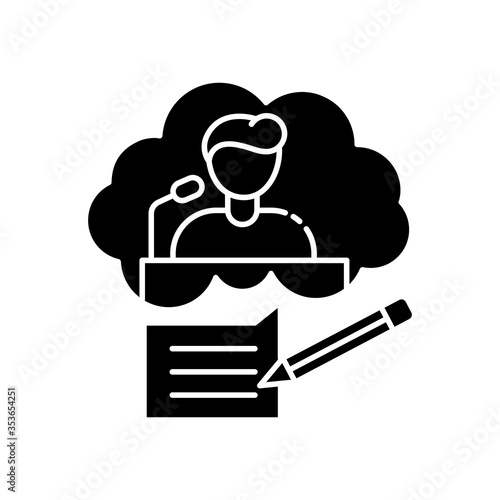 Speechwriting black glyph icon. Message for press conference. Interview and journalism. Social media communication plan. Silhouette symbol on white space. Vector isolated illustration
