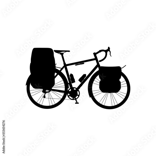 Bike with bikepacking bags and tent in case. Touring bicycle with bikepacking gear black silhouette on white background. photo