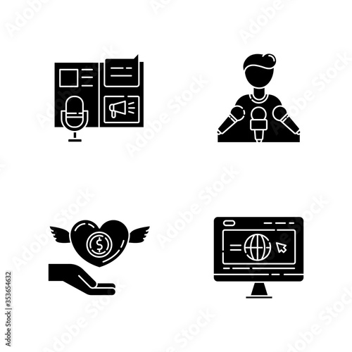 Public relation black glyph icons set on white space. Advertorial press release. Spokesperson with microphones. Broadcast interview. Money donation. Silhouette symbols. Vector isolated illustration