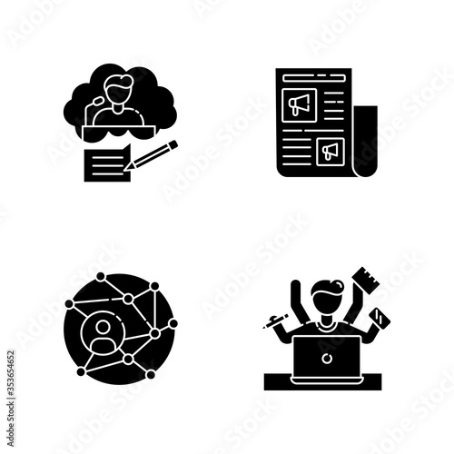 Publication black glyph icons set on white space. Speech writing. Promotion in newspaper. Global networking. Multi tasking employee. Silhouette symbols. Vector isolated illustration