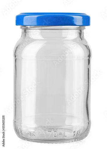 Empty glass jar with blue cap isolated on white background.