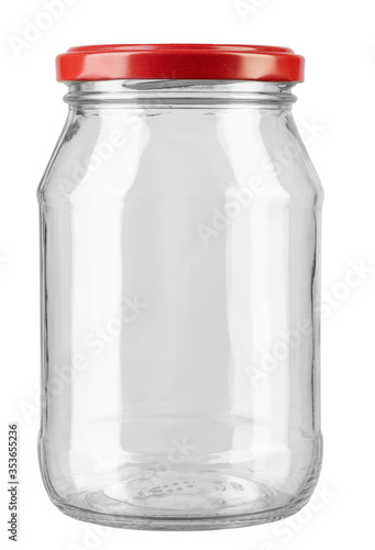 Empty glass jar with red cap isolated on white background. photo