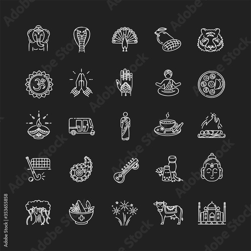 Indian culture chalk white icons set on black background. National animals. Traditional ceremonies. Religious and spiritual symbols. Asian cuisine. Ethnic heritage. Isolated vector chalkboard