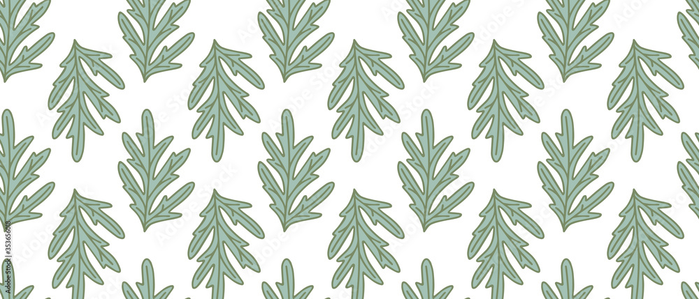 Obraz premium Green leaves seamless background on white background. Vector illustration.