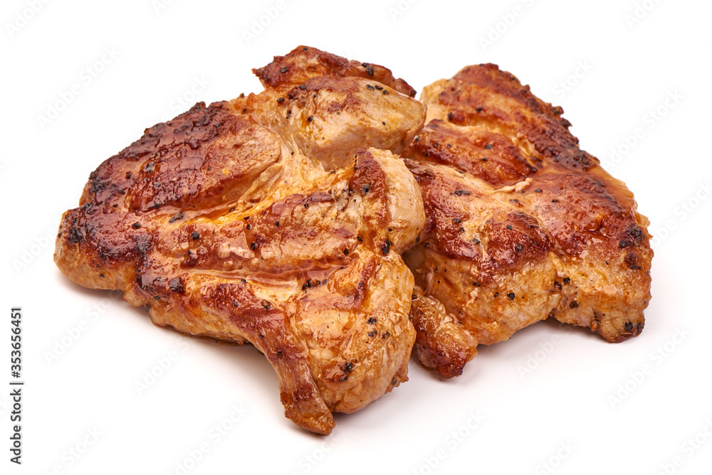 Grilled juicy pork steak, BBQ dishes, isolated on white background Grilled juicy pork steak, BBQ dishes, isolated on white background