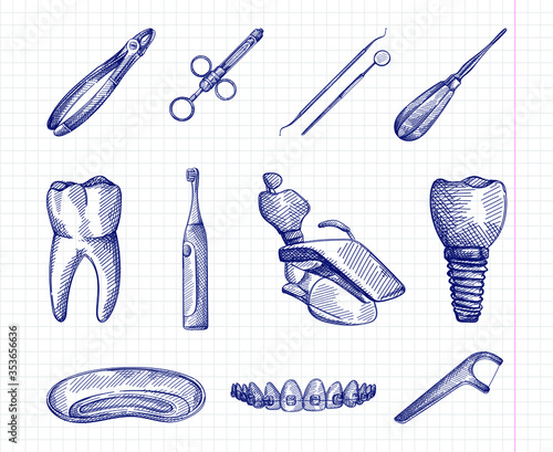 Hand-drawn sketch set of Stomatology attributes. Tooth; floss toothpick; toothbrush; elevator; scaler, dental mirror, dental syringe, chair; medical plate; teeth and braces; tooth implant; forceps	
