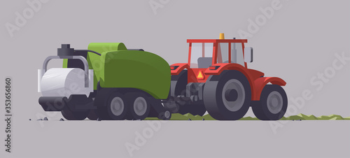 Vector tractor & round baler-wrapper. Grass hay baling & wrapping. Isolated illustration