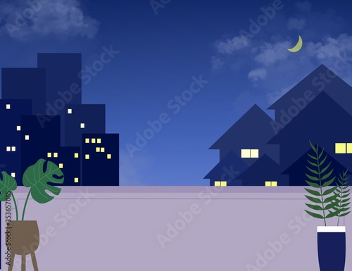 Balcony at night vision. Dark. Night sky. Cloud. Monstera. Palm. Moon. Illustration.
