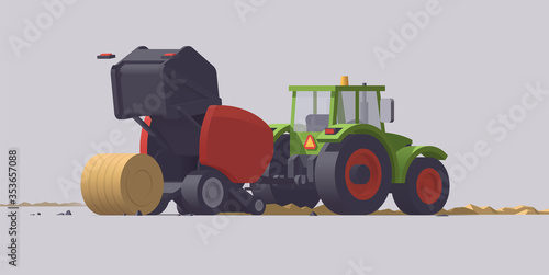 Vector tractor & round baler. Straw baling. Isolated illustration