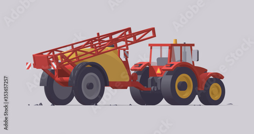 Vector tractor & trailed sprayer. Rear view. Isolated illustration