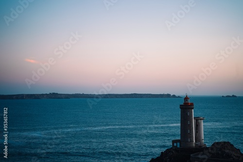 Sunset over the Petit Minou lighthouse near Brest in Brittany, France