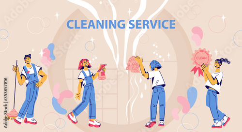 Website banner template for cleaning service ad, flat vector illustration. Landing page background for cleaning company with working staff characters. Housekeeping services and domestic help.