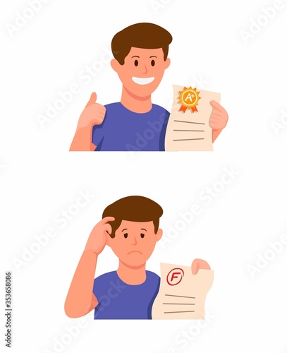Student boy holding exam paper with good grade and bad grade result icon set in cartoon illustration vector isolated in white background