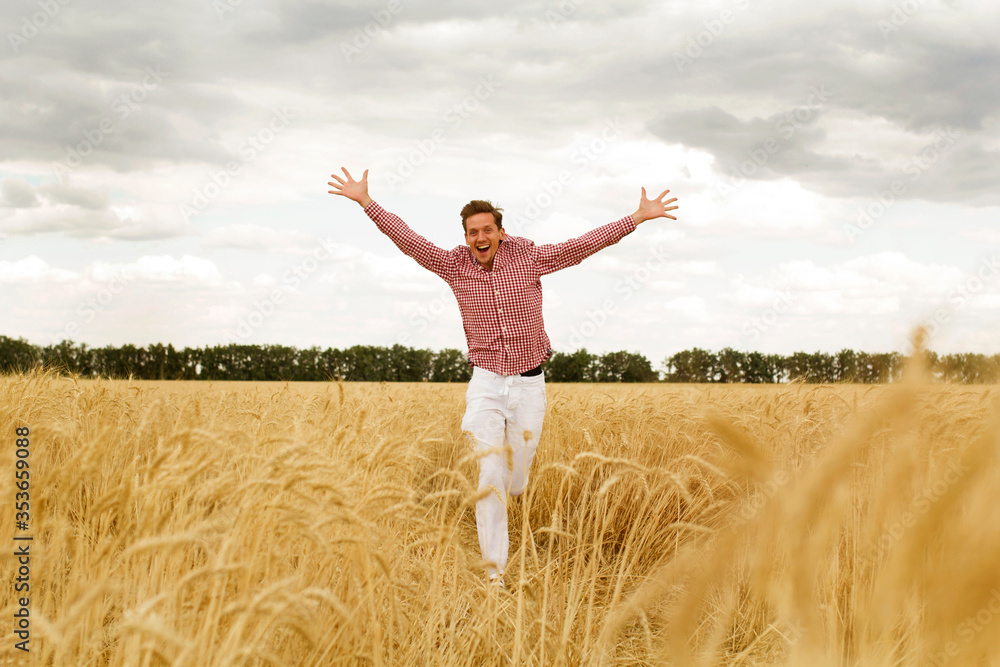 Young handsome happy man standing in wheat field spreading his arms up Young handsome happy man standing in wheat field spreading his arms up