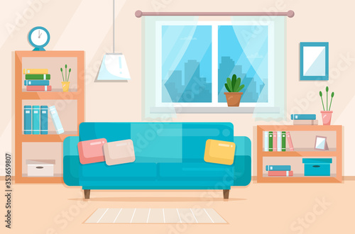Living room with furniture. Cozy elegant interior of living room with a sofa, various decorations. Flat style, design template.