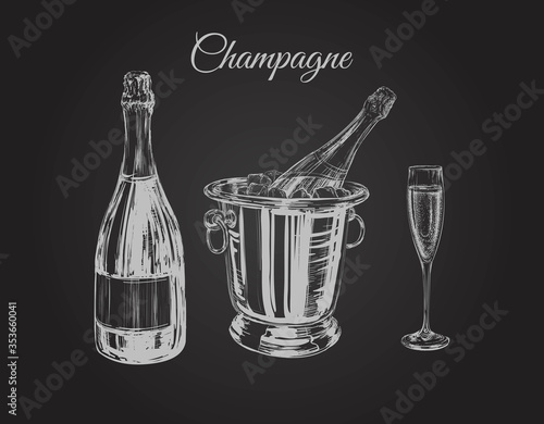 Champagne Glass Bottle Bucket Hand Drawing Vector Illustration Bubbles. Alcoholic Drink.