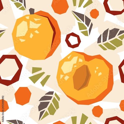 Seamless pattern of abstract doodle objects, apricot, peach and leaves. Paper cut modern contemporary style. Vector