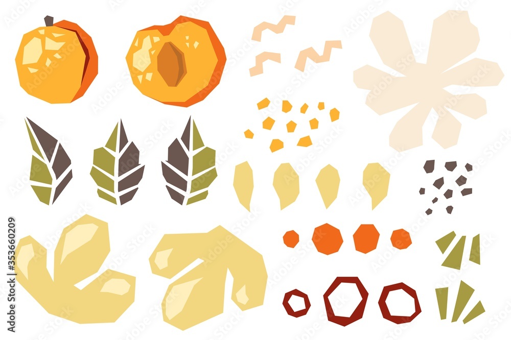 Set of various shapes abstract doodle objects, apricot, peach and leaves. Paper cut modern contemporary style. Vector