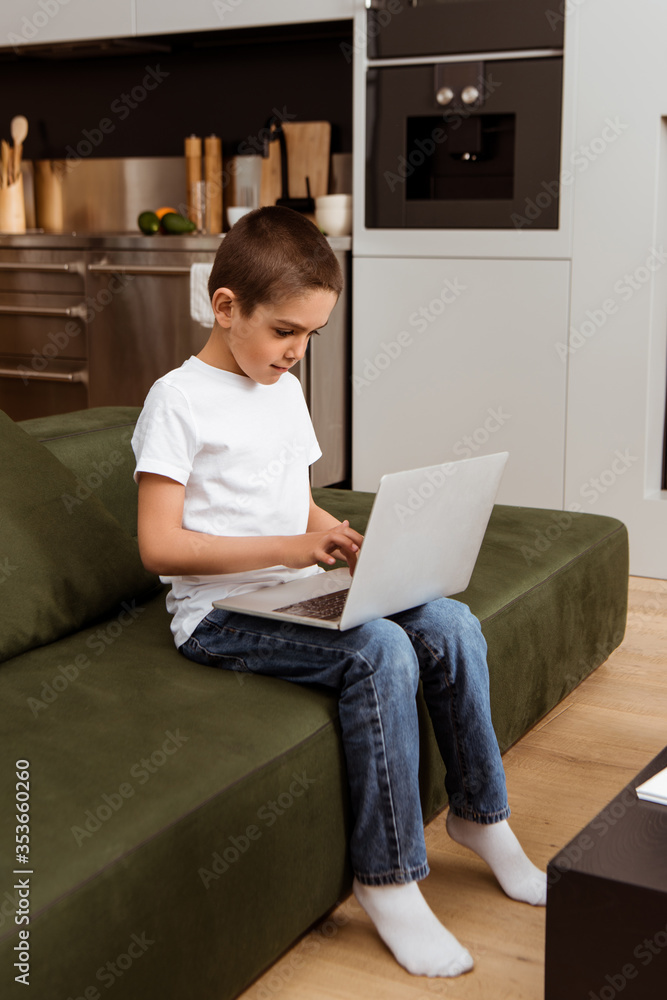 Cute boy using laptop on couch at home Cute boy using laptop on couch at home