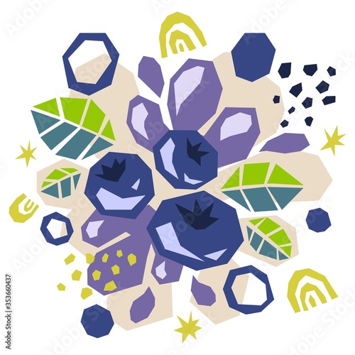 Abstract doodle objects, blueberries and leaves. Cut out modern contemporary style. Vector