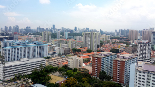 aerial view of big building including condominium and HDB of city in singapore,selective focus, selective focus on subject, background blur